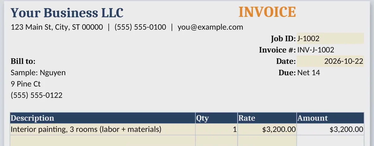 Printable invoice filled in from a Job ID with the client, job line and amount