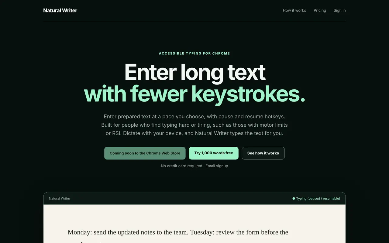 Natural Writer marketing page on a desktop browser