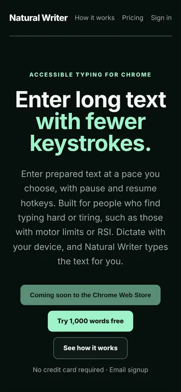 Natural Writer marketing page on a phone