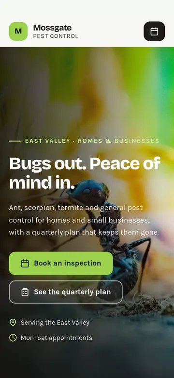 Phone view of the Mossgate Pest Control sample homepage