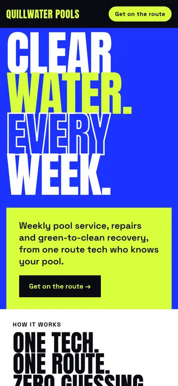 Phone view of the Quillwater Pools sample homepage