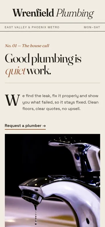 Phone view of the Wrenfield Plumbing sample homepage