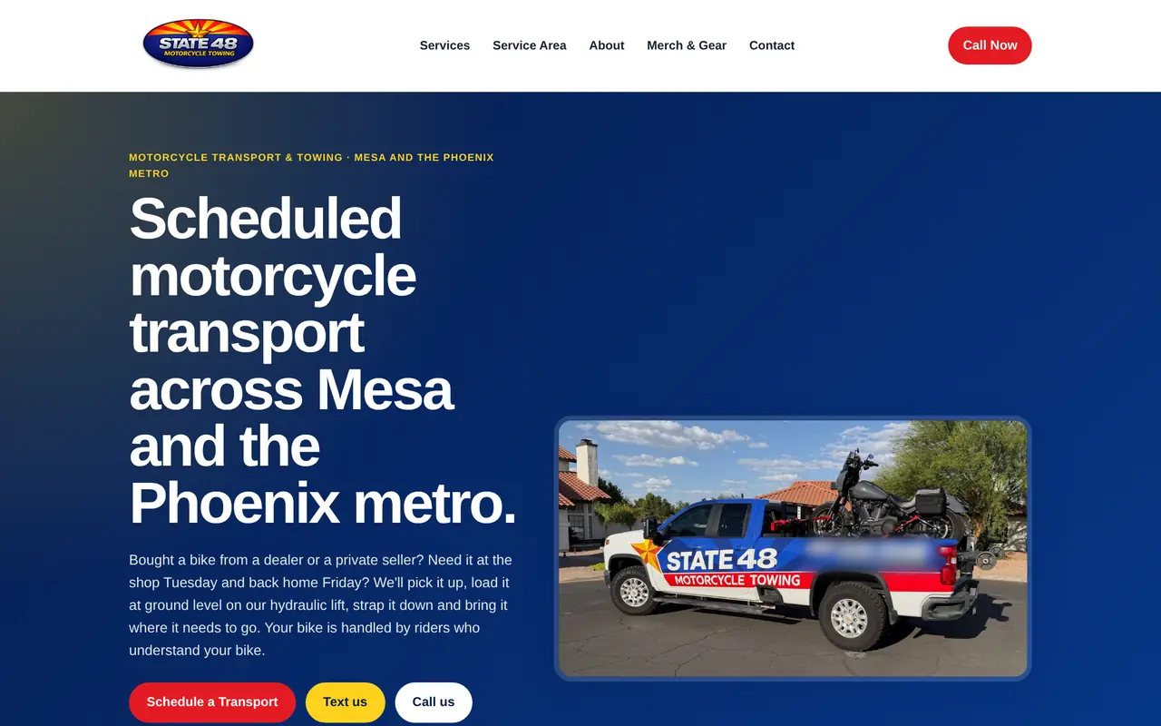State 48 Motorcycle Towing homepage on a desktop browser