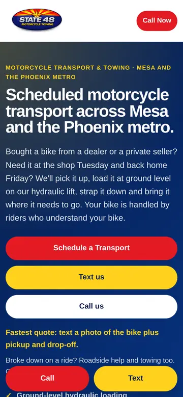 State 48 Motorcycle Towing homepage on a phone